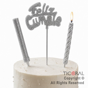 ADORNO DE TORTA SET FELIZ CUMPLE CON BENGALA Y VELA 9 CM GIBRE PLATA x 1